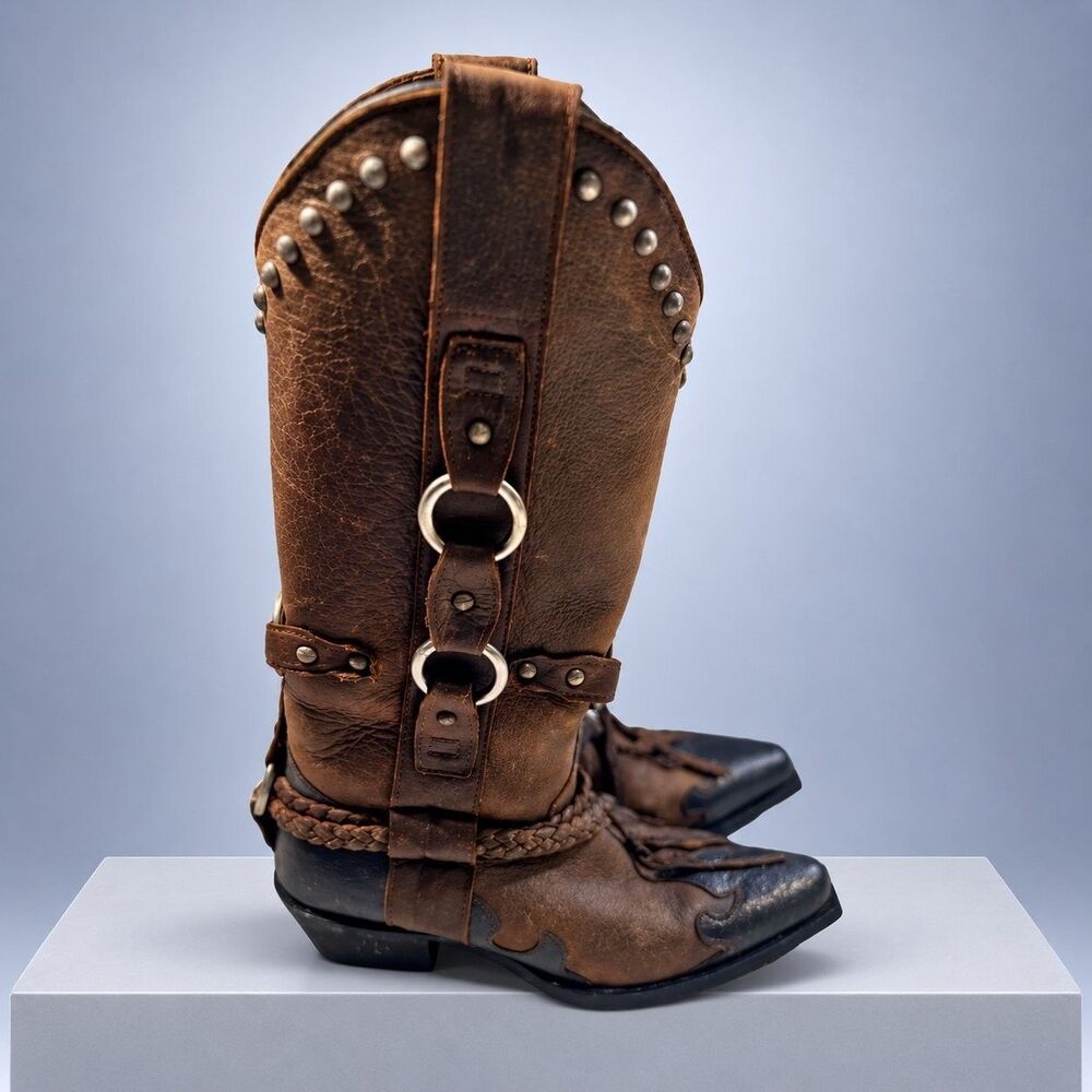 J.B. Dillon cowboy boots Brown Womens leather stacked western heel Harness